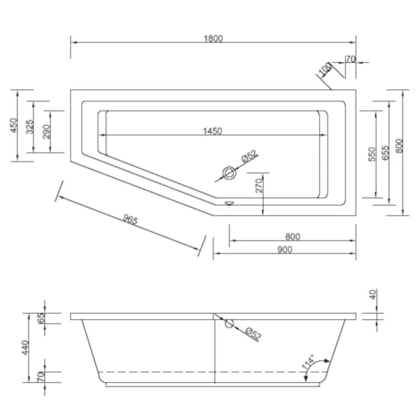 Skizze der Badewanne 180x80 cm LUPOR Rechts Raumsparwanne