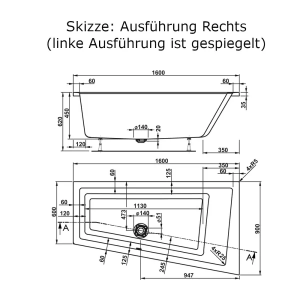 Skizze der Badewanne 160x90 cm CAVALLO RS - Acryl Raumsparwanne