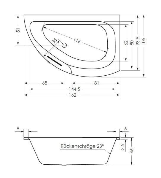 Skizze der Badewanne 160x94 cm TAURUS Links