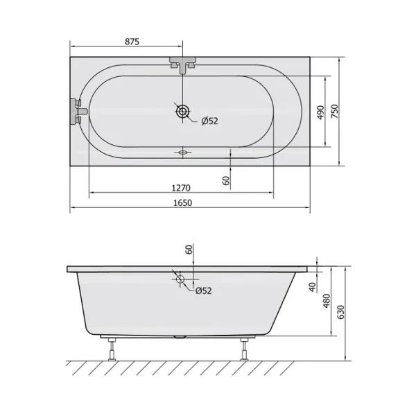 Skizze der Badewanne 165x75 cm HOASTRA B