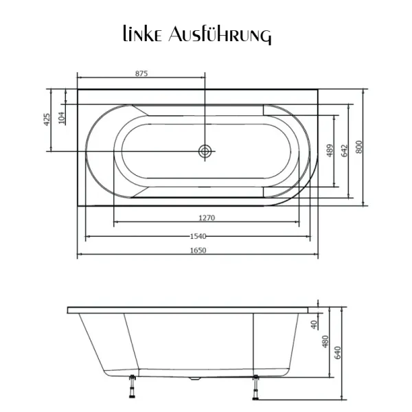 Skizze für Badewanne Astra 165x80 cm Links