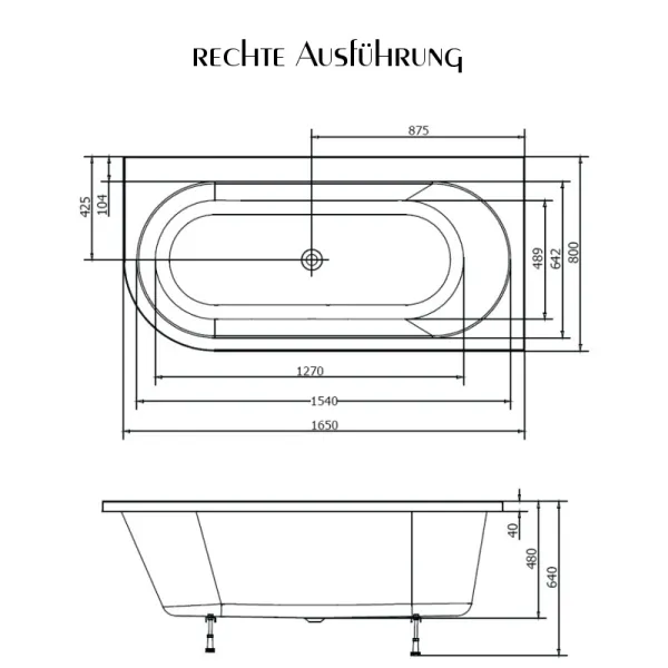 Skizze für Badewanne Astra 165x80 cm Links