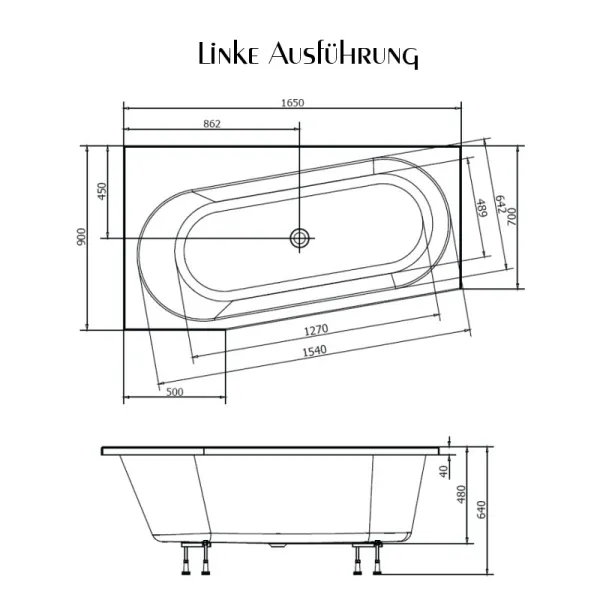 Skizze der Badewanne 1650x900 mm  / 165x90 cm  HOASTRA W Links - Acryl Raumsparwanne
