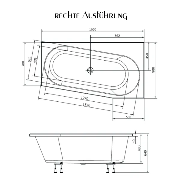 Skizze der Badewanne 1650x900 mm  / 165x90 cm  HOASTRA W Rechts- Acryl Raumsparwanne