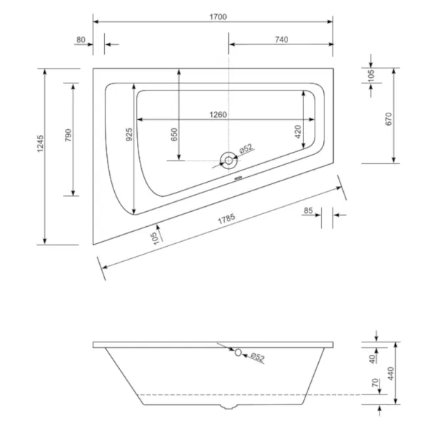 Skizze der Badewanne 170x125 cm MALIBU COMFORT links - Raumsparwanne