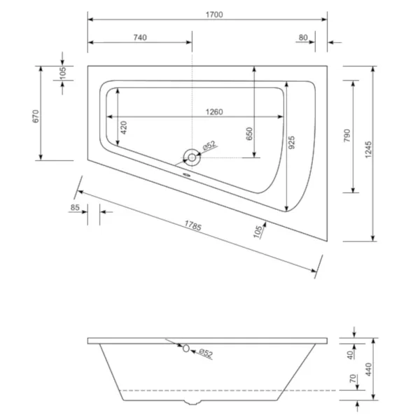 Skizze der Badewanne 170x125 cm MALIBU COMFORT rechts - Raumsparwanne