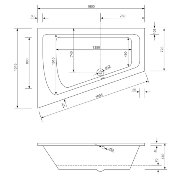 Skizze der Badewanne 180x135 cm MALIBU COMFORT links - Raumsparwanne