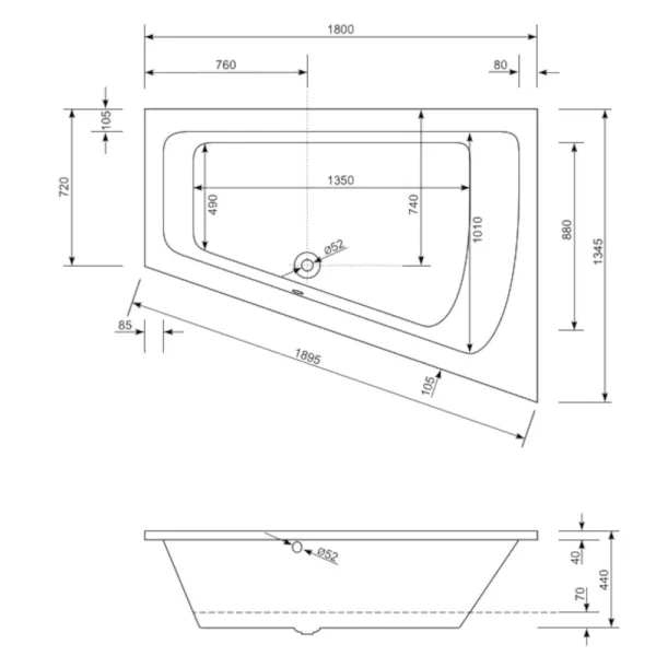 Skizze der Badewanne 180x135 cm MALIBU COMFORT rechts - Raumsparwanne