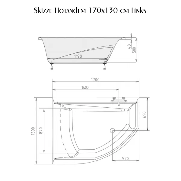 Skizze der Badewanne 170x130 cm HOTANDEM links - extra tief mit 50 cm