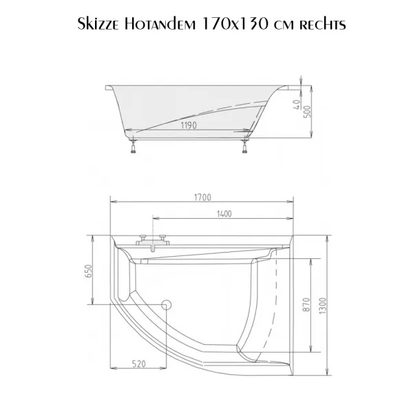 Skizze der Badewanne 170x130 cm HOTANDEM rechts - extra tief mit 50 cm
