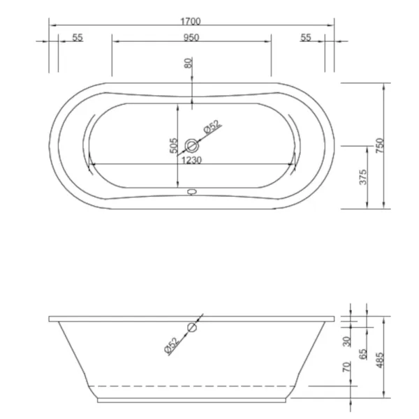 Skizze der Badewanne 170x75 cm GOMERA - extra tief mit 48 cm - Ovalbadewanne