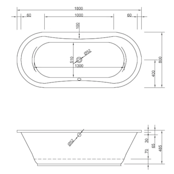 Skizze der Badewanne 180x80 cm GOMERA - extra tief mit 48 cm - Ovalbadewanne