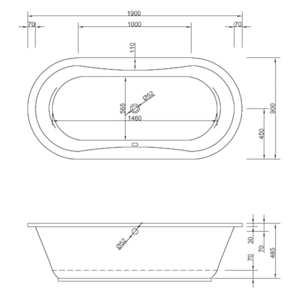 Skizze der Badewanne 190x90 cm GOMERA - extra tief mit 48 cm - Ovalbadewanne