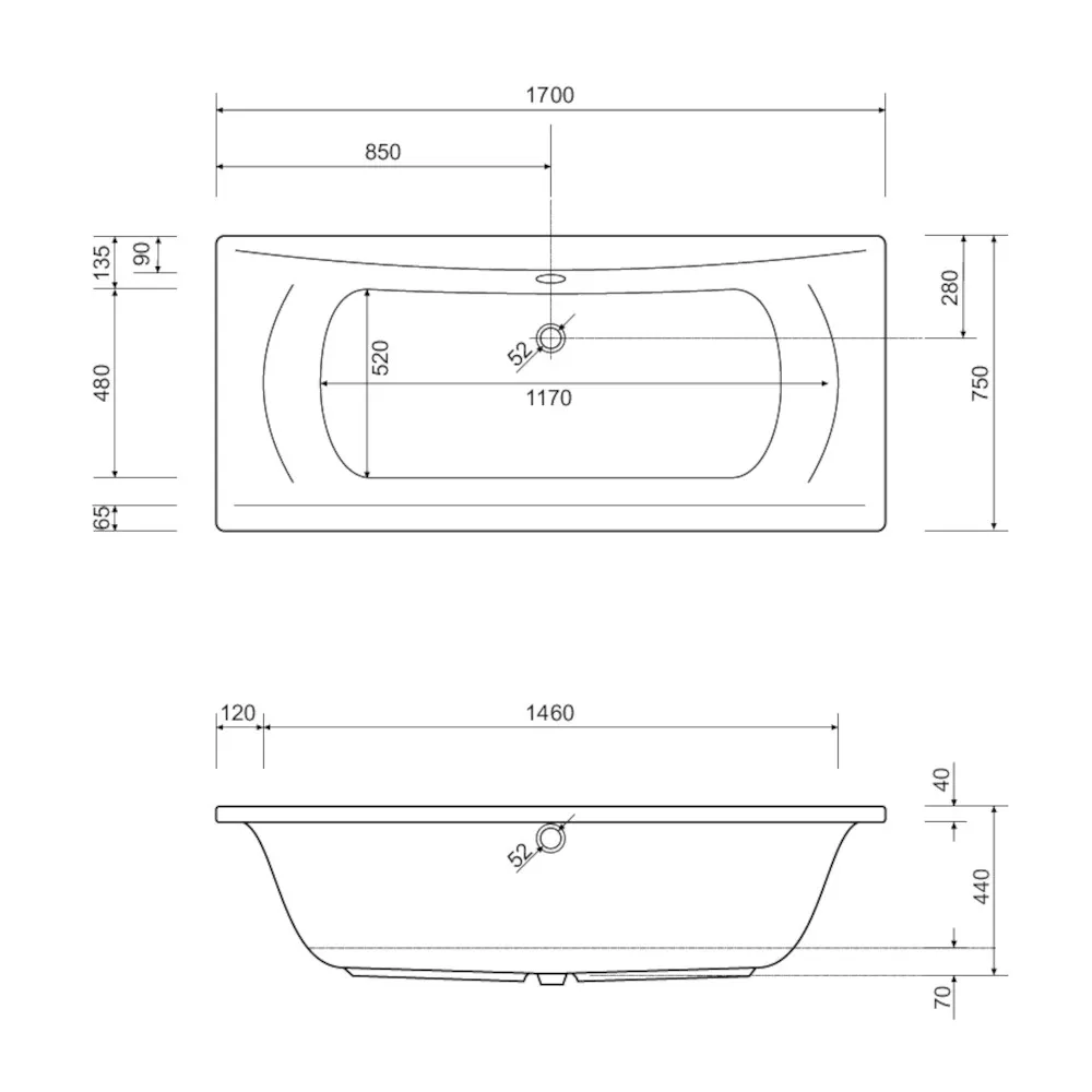 Skizze der Badewanne 170x75 TRENNTSE