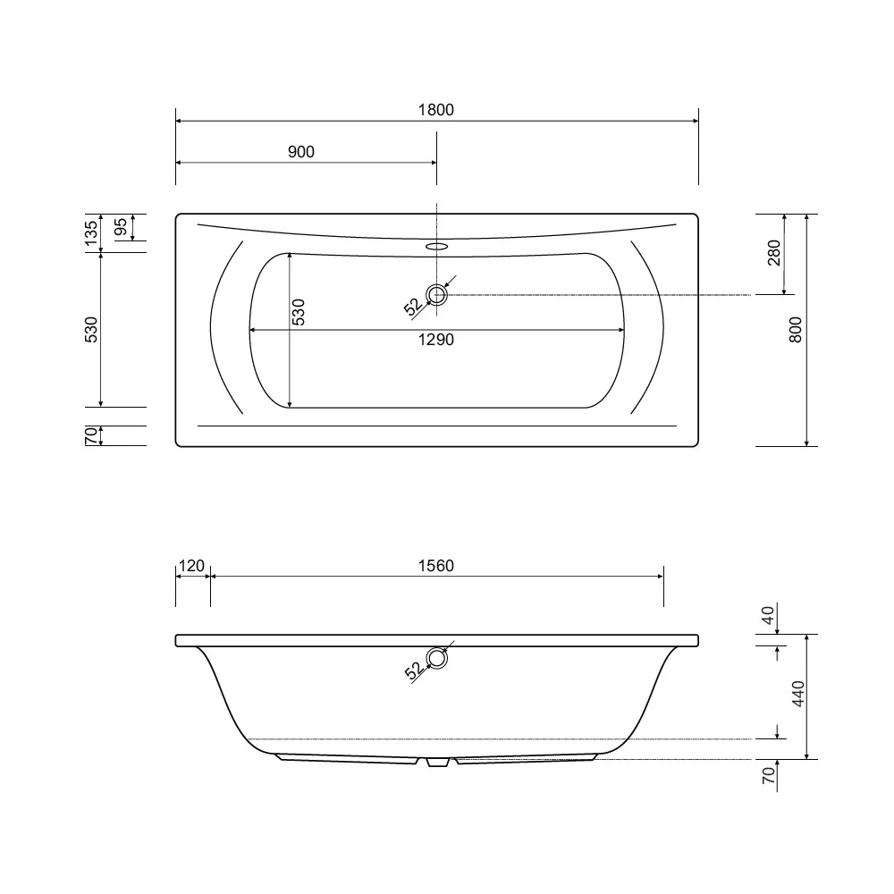 Skizze der Badewanne 180x80 TRENNTSE