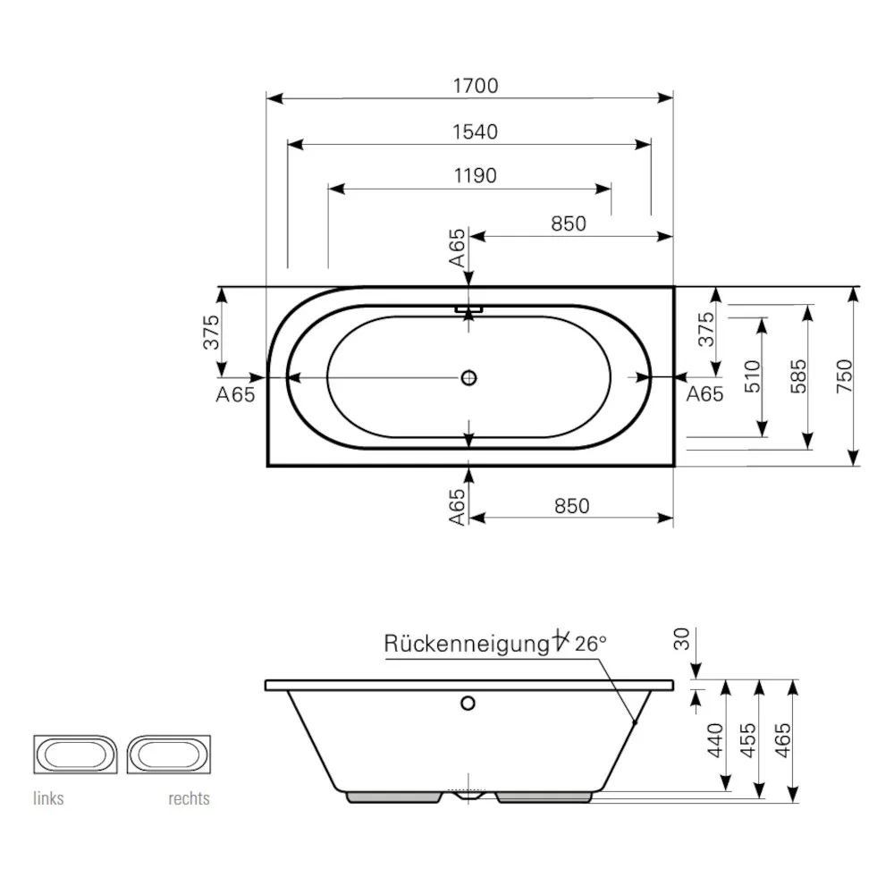 Skizze der Badewanne 170x75 PRIMO DUO