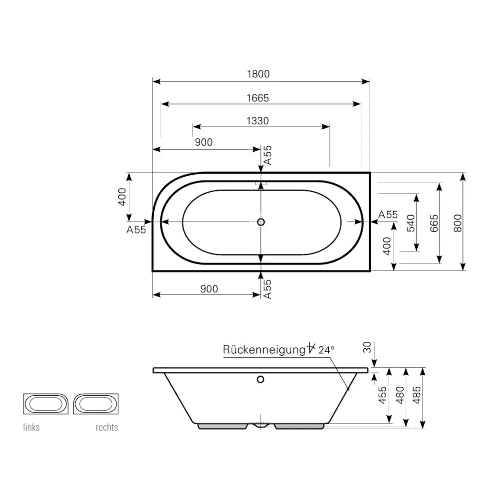 Skizze der Badewanne 180x80 cm PRIMO DUO