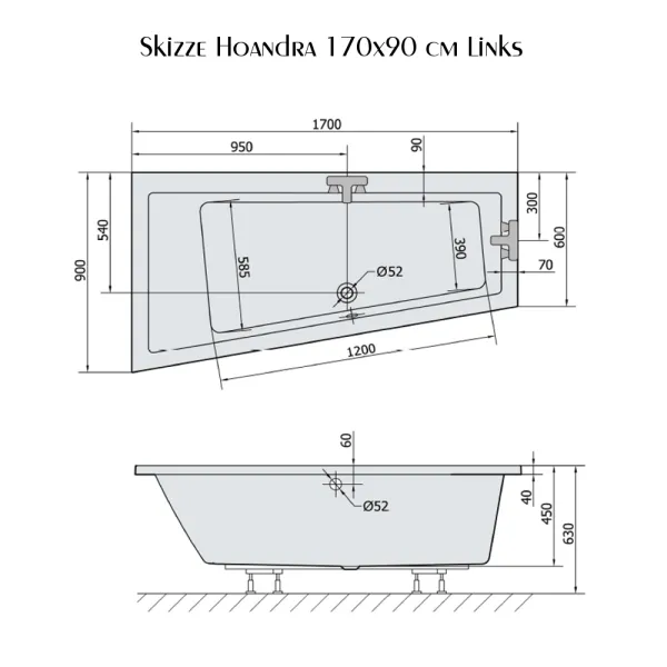 Skizze der Badewanne 170x90 cm HOANDRA links aus Acryl