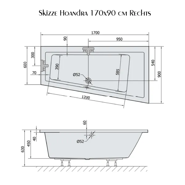 Skizze der Badewanne 170x90 cm HOANDRA rechts aus Acryl