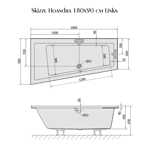 Skizze der Badewanne 180x90 cm HOANDRA links aus Acryl