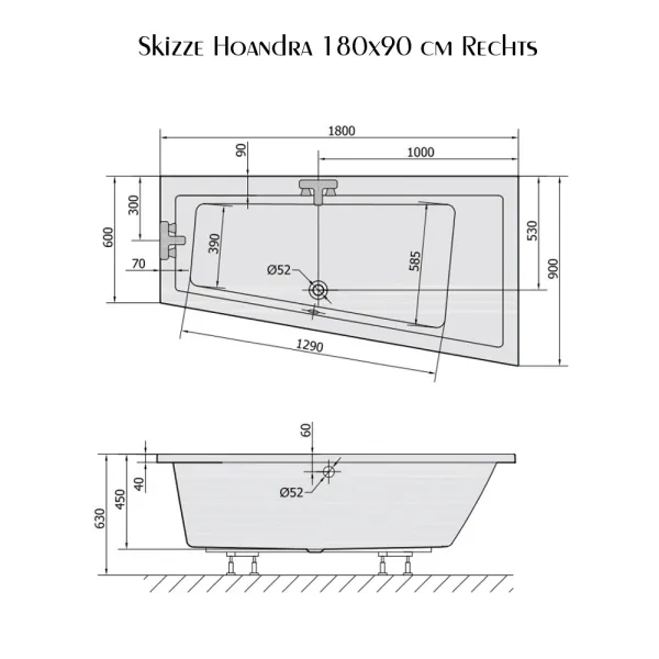 Skizze der Badewanne 180x90 cm HOANDRA rechts aus Acryl