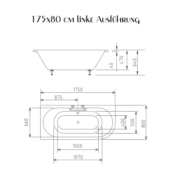 Skizze der Badewanne 175x80 cm HOVIVA Links- Acryl Rechteck