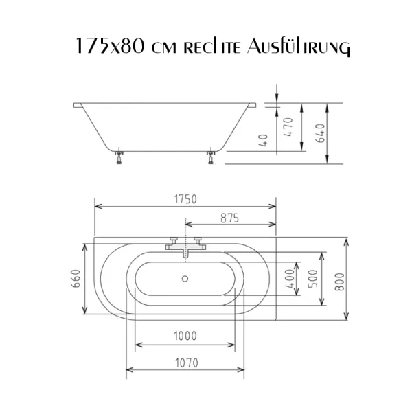 Skizze der Badewanne 175x80 cm HOVIVA Rechts - Acryl Rechteck