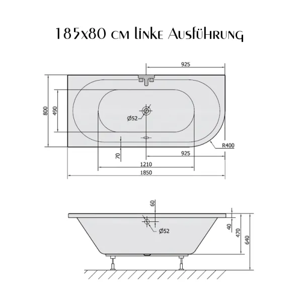 Skizze der Badewanne 185x80 cm HOVIVA Links- Acryl Rechteck
