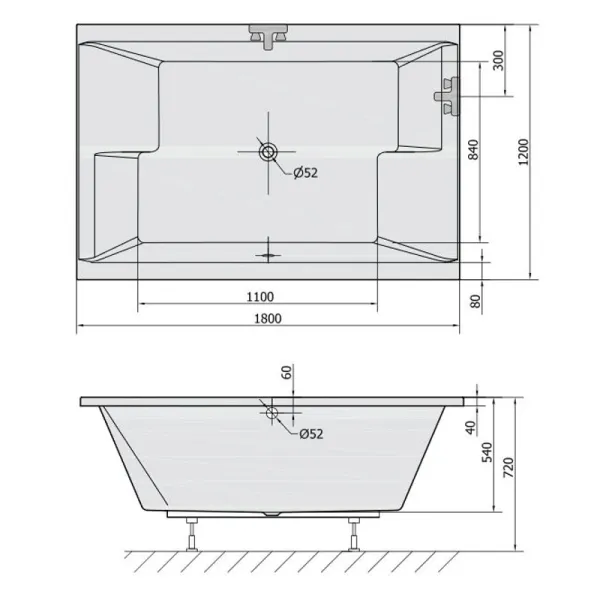 Skizze der Badewanne 1800x1200 mm  / 180x120 cm HODUPLA - Acryl Rechteckbadewanne