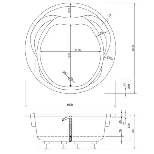 Skizze der Badewanne 180x180 cm OPERA - extra tief mit 52 cm - Rundbadewanne