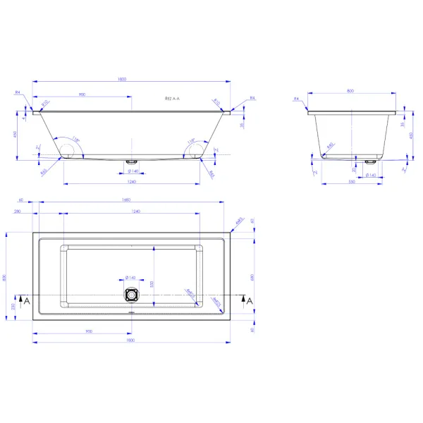 Skizze der Badewanne 180x80 cm CAVALLO ML