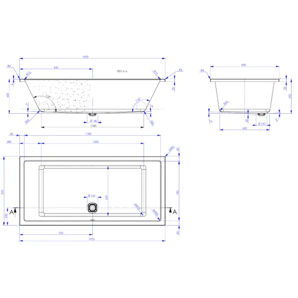 Skizze der Badewanne 190x90 cm CAVALLO ML