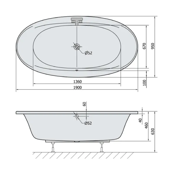 Skizze der Badewanne 190x95 cm HOSTADIUM - Acryl Ovalbadewanne