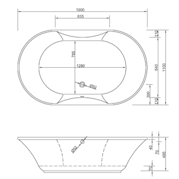 Skizze der Badewanne 190x110 cm GLORUS - extra tief mit 49 cm - Ovalbadewanne