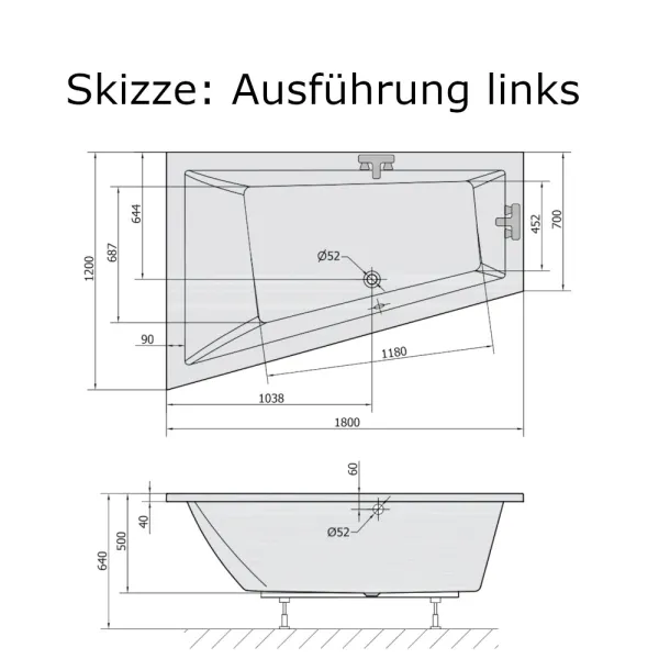 Skizze der Badewanne 2 Personen 180x120 cm HOTRIANGL Links - extra tief 50 cm - Acryl