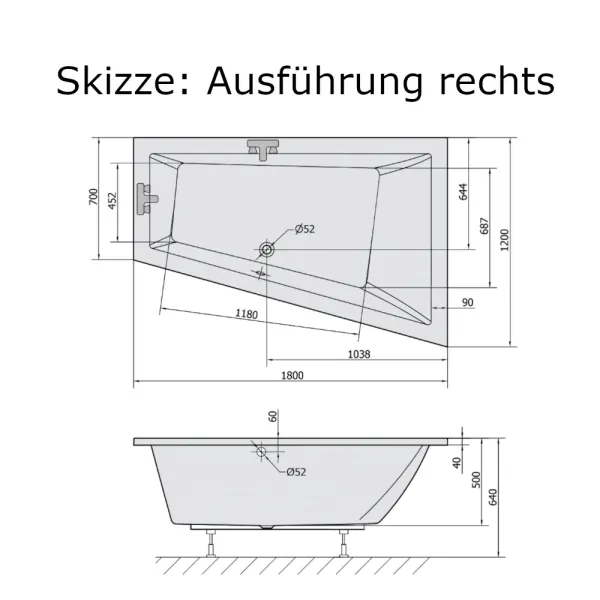 Skizze der Badewanne 2 Personen 180x120 cm HOTRIANGL Rechts - extra tief 50 cm - Acryl