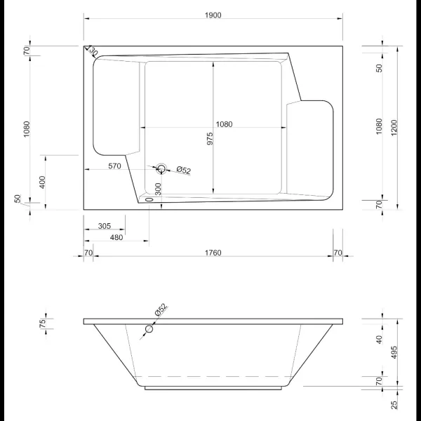 Skizze der Badewanne 2 Personen 190x120 cm SARAGOSSA - extratief mit 49,5 cm