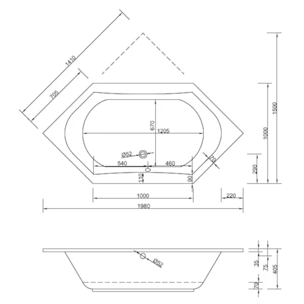 Skizze der Badewanne 200x100 cm INA - 6-Eckbadewanne