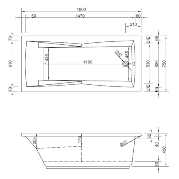 Skizze der Badewanne ANDORRA 160x75 cm - Acryl Rechteckbadewanne