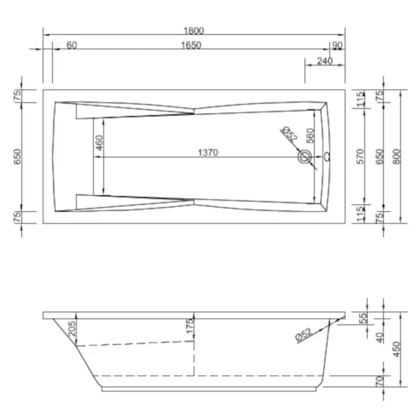 Skizze der Badewanne ANDORRA 180x80 cm - Acryl Rechteckbadewanne