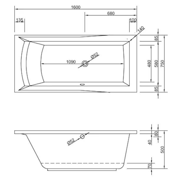 Skizze der Badewanne DORA 160x75 cm Links - extra tief - Acryl Rechteckbadewanne