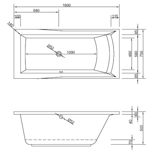 Skizze der Badewanne DORA 160x75 cm Rechts - extra tief - Acryl Rechteckbadewanne