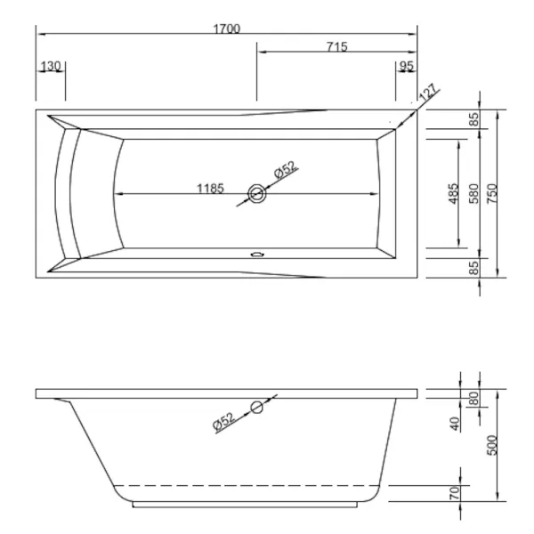 Skizze der Badewanne DORA 170x75 cm Links - extra tief - Acryl Rechteckbadewanne