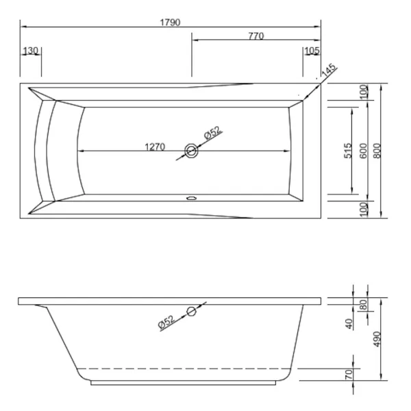 Skizze der Badewanne DORA 180x80 cm Links - extra tief - Acryl Rechteckbadewanne