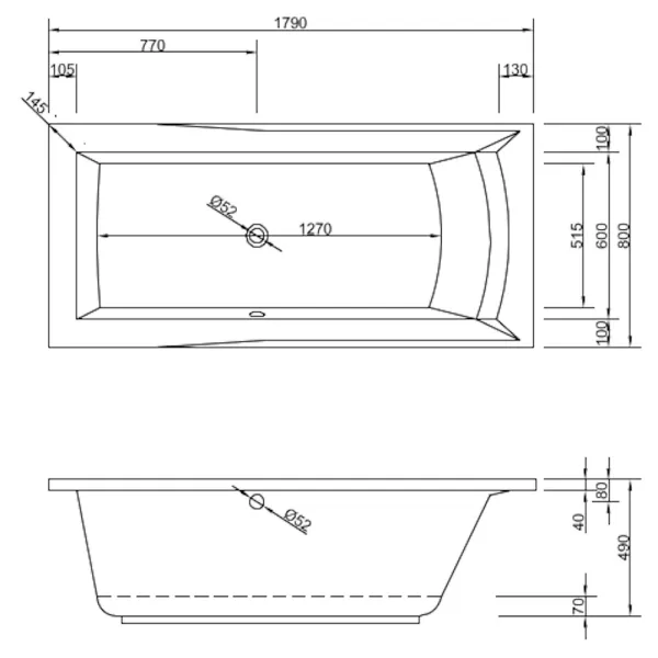 Skizze der Badewanne DORA 180x80 cm Rechts - extra tief - Acryl Rechteckbadewanne