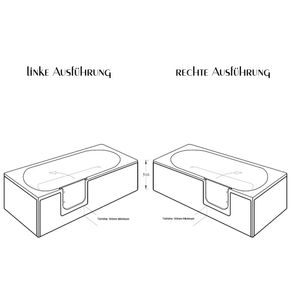 Linke und rechte Ausführung der Badewanne HOCASCADE 150x70 cm od. 170x70 cm mit Tür inkl. Schürze und Ablauf