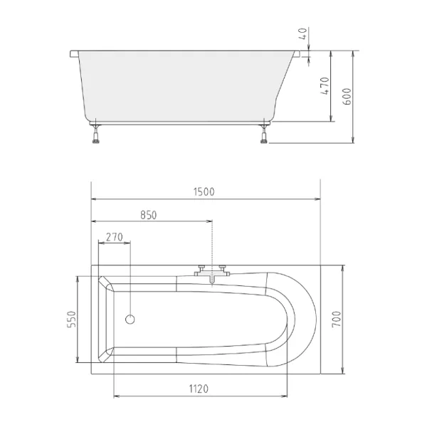 Skizze-der-Badewanne-HOLISA-150x70-cm-Acryl-Rechteckbadewanne