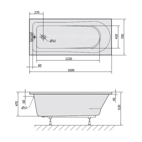 Skizze-der-Badewanne-HOLISA-160x70-cm-Acryl-Rechteckbadewanne