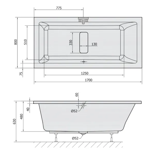 Skizze Badewanne HOMARLENE 170x80 cm