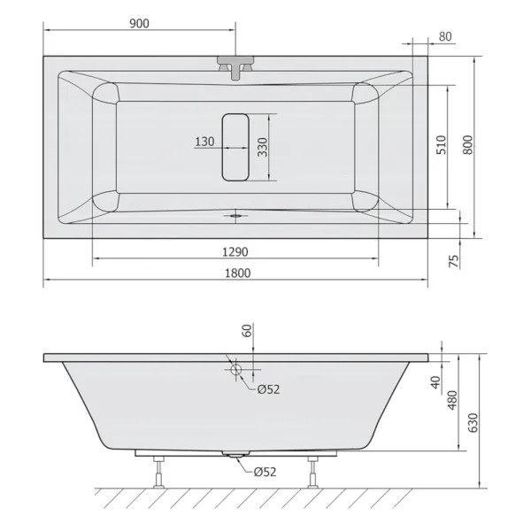 Skizze Badewanne HOMARLENE 180x80 cm